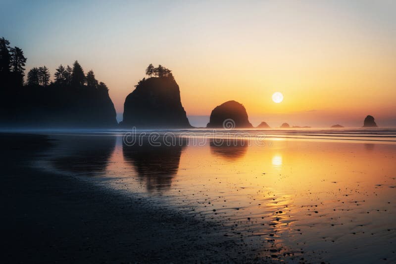 Serene sunset beach in golden hour ai image stock illustratie