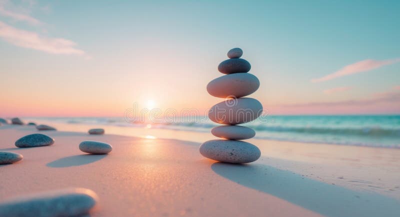 Serene sunset beach scene with balanced stones Tranquil and peaceful atmosphere. Serene beach atmosphere stock images, royalty-free photos and pictures