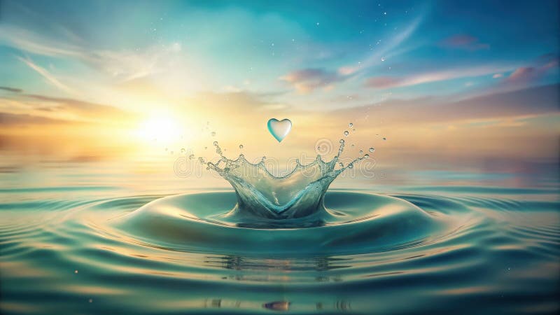Serene sunset heart-shaped water drop splash creates concentric circles on calm water surface. Generative AI stock illustration