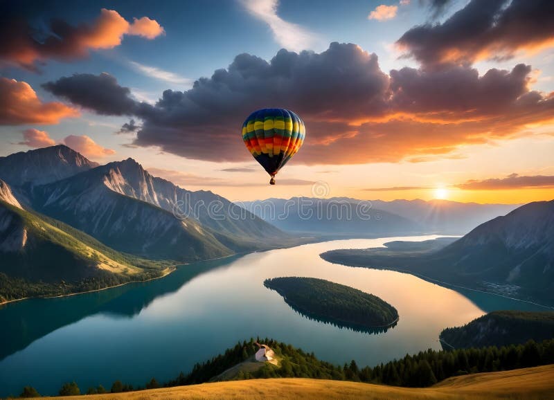 The image depicts a breathtaking landscape scene. In the foreground, there is a large, colorful hot air balloon floating in the sky, with the sun setting behind it, casting a warm glow on the scene. The balloon appears to be in motion, as suggested by its position and the direction of the clouds.Below the balloon, there is a vast body of water, possibly a lake or a river, with a calm surface reflecting the colors of the sky. The water is surrounded by a rugged landscape featuring steep, rocky mountains that rise sharply from the water's edge. The mountains are covered with a mix of vegetation and patches of snow, indicating a high-altitude environment.The sky above is filled with clouds that are tinged with the colors of the sunset, ranging from warm oranges and yellows to cooler blues and purples. The sun is visible on the horizon, adding to the dramatic effect of the scene.In the lower right corner of the image, there is a small, white structure that appears to be a building or a dock, suggesting human habitation or activity in the area. The overall style of the image is a realistic photograph with a focus on the natural beauty of the scene, enhanced by the vibrant colors of the sunset and the hot air balloon.This image is generated by Ai. The image depicts a breathtaking landscape scene. In the foreground, there is a large, colorful hot air balloon floating in the sky, with the sun setting behind it, casting a warm glow on the scene. The balloon appears to be in motion, as suggested by its position and the direction of the clouds.Below the balloon, there is a vast body of water, possibly a lake or a river, with a calm surface reflecting the colors of the sky. The water is surrounded by a rugged landscape featuring steep, rocky mountains that rise sharply from the water's edge. The mountains are covered with a mix of vegetation and patches of snow, indicating a high-altitude environment.The sky above is filled with clouds that are tinged with the colors of the sunset, ranging from warm oranges and yellows to cooler blues and purples. The sun is visible on the horizon, adding to the dramatic effect of the scene.In the lower right corner of the image, there is a small, white structure that appears to be a building or a dock, suggesting human habitation or activity in the area. The overall style of the image is a realistic photograph with a focus on the natural beauty of the scene, enhanced by the vibrant colors of the sunset and the hot air balloon.This image is generated by Ai.