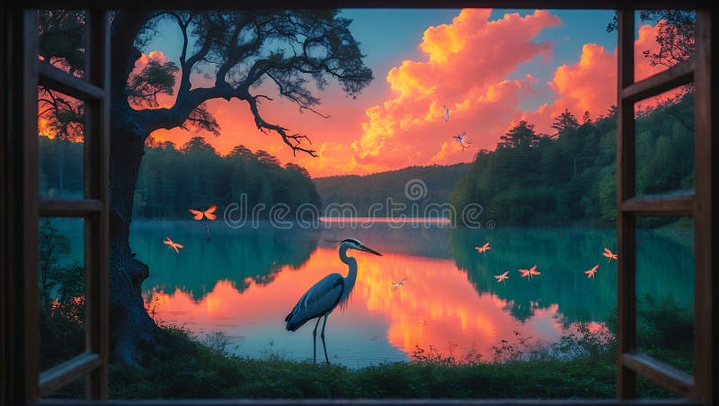 Serene Sunset Lake View из окна : Великий Голубой Герон стоит у Спокойной Воды у Душки бесплатная иллюстрация