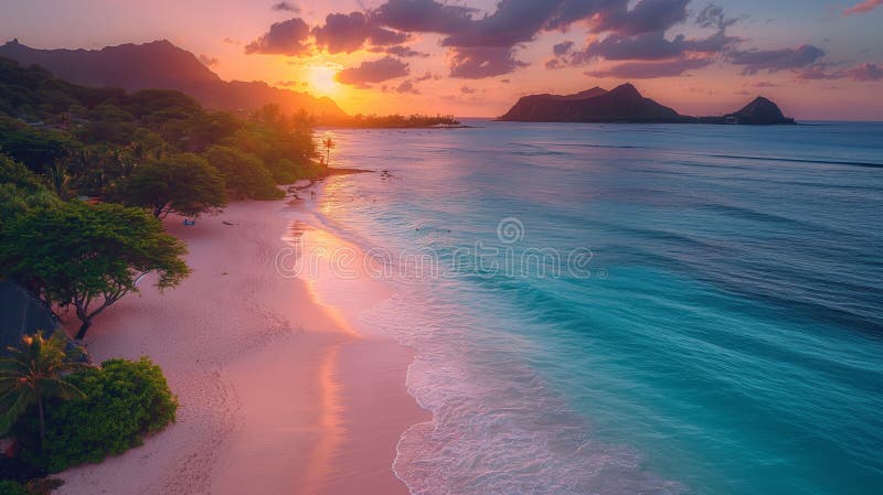 Serene sunset at lanikai beach oahu hawaiian raju z turkusowymi wodami i białym piaskiem ilustracji