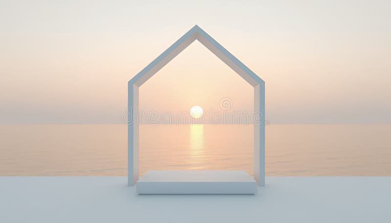 Serene Sunset Minimalist House Frame Seascape иллюстрация вектора