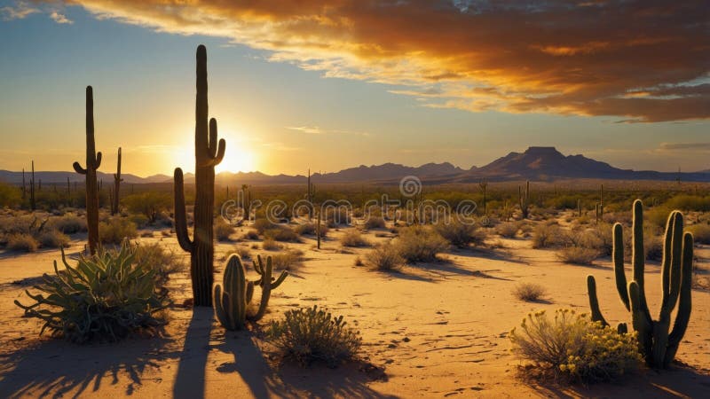 Beautiful desert landscape with iconic Saguaro cacti standing tall as the sun sets over the Arizona wilderness, creating a warm, vibrant scene. Panorama arizona illustrations
