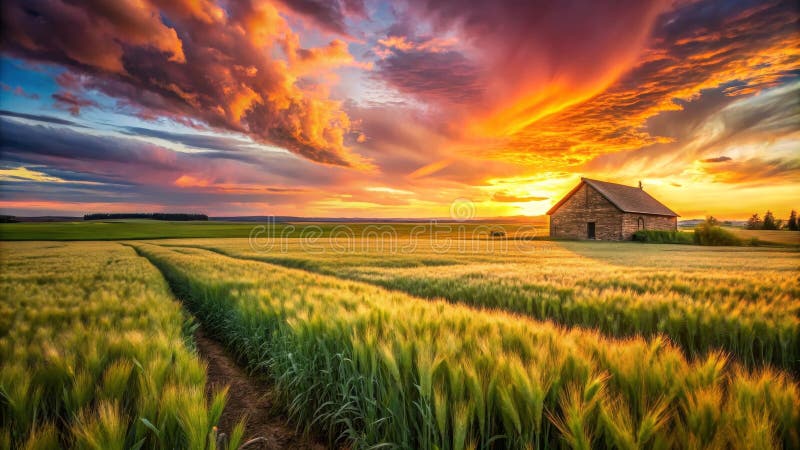 Serene sunset over golden barley field with rustic stone structure. Generative AI royalty free illustration