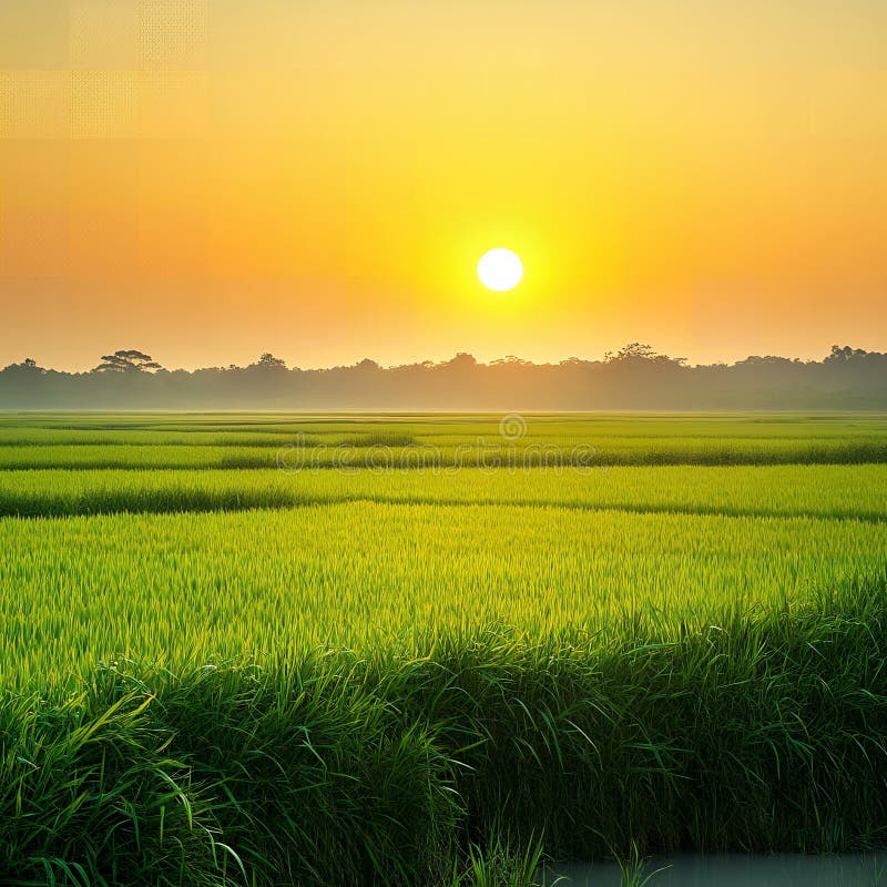 Serene Sunset over Lush Green Rice Paddy Fields in Rural Landschaft stock abbildung