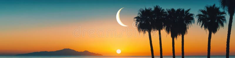 Serene Sunset Over the Ocean with Palm Trees and Crescent Moon stock illustration