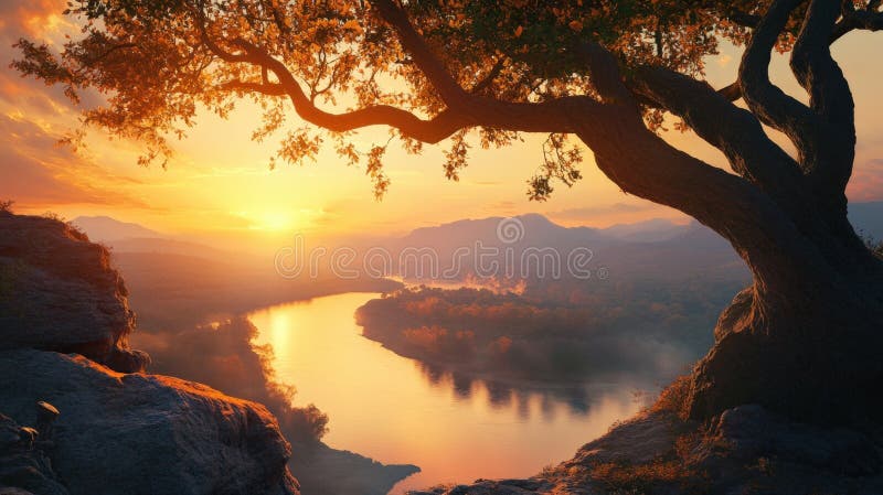 Serene Sunset Over River Valley With Majestic Tree zdjęcia stock