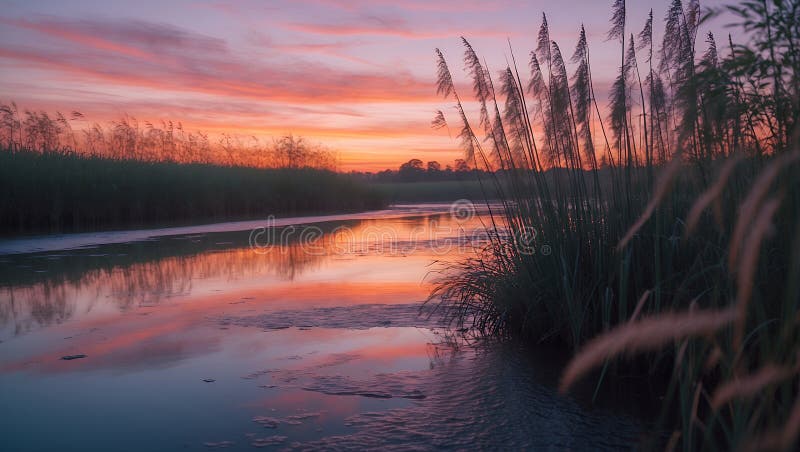 Serene Sunset River Reflection : Сцена с водой на песке иллюстрация вектора