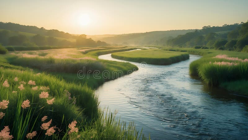 Serene Sunset River : Нежный поток, проходящий через пышные зеленые луга иллюстрация штока