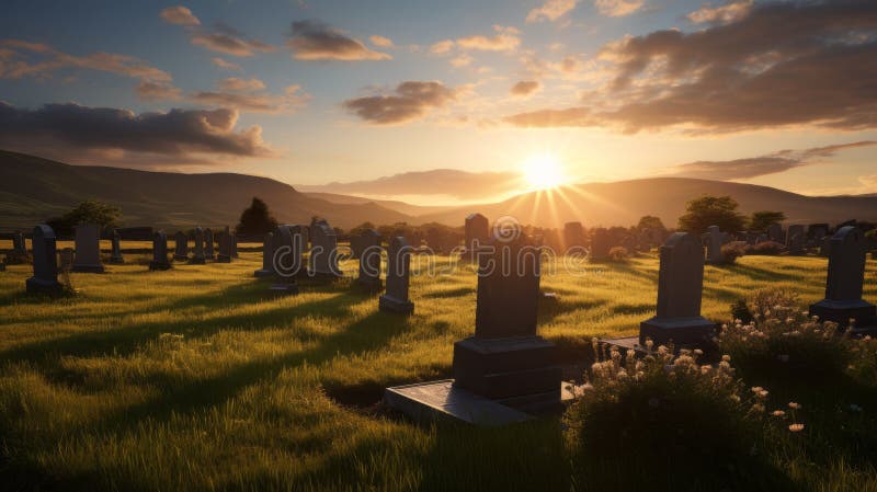 Serene Sunset: Unreal Engine Rendered Tombstones In The United Kingdom stock illustration