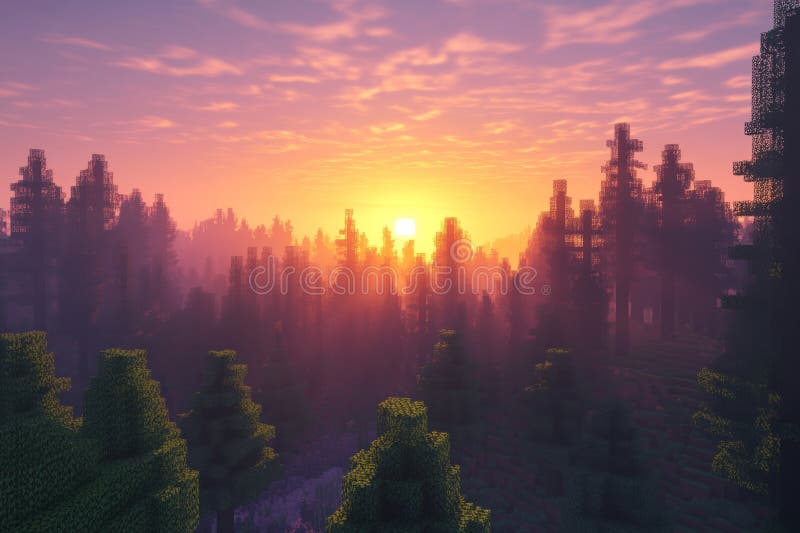Serene Sunset über einer lebendigen pixelförmigen Waldlandschaft vektor abbildung