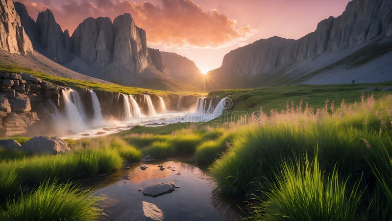 Serene Sunset : Величественные скалы обрамляют захватывающий дух водопад, каскадящий в т иллюстрация штока