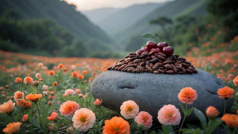 Serene Sunset : Вишни и миндаль на камне в цветущем поле. Живописная сцена спелых черешней на вершине груды миндаля, элегантно помещенного на гладкий серый камень. Спокойная композиция находится в оживленном поле нежных цветников персиковых цветов, на фоне захватывающих закатов холмов.