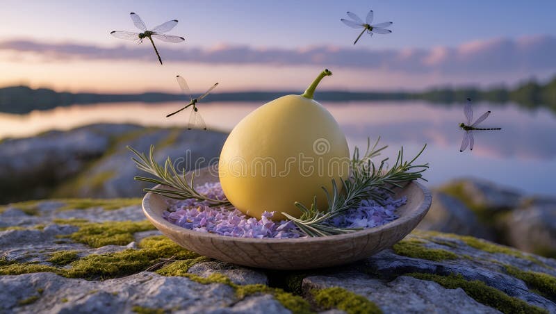 Serene Sunset : Желтая груша с лавандой и стрекозами бесплатная иллюстрация