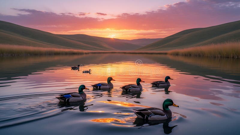 Serene Sunset : Утки на спокойном озере в 'золотой час' иллюстрация вектора