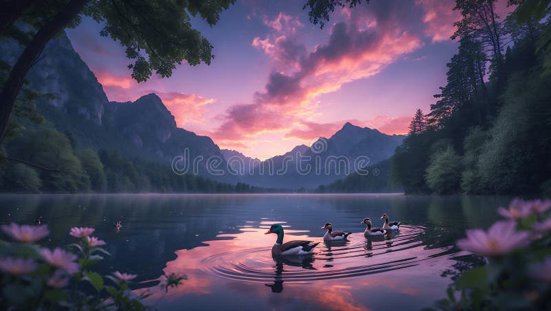 Serene Sunset : Утки на спокойном озере в окружении величественных гор иллюстрация вектора