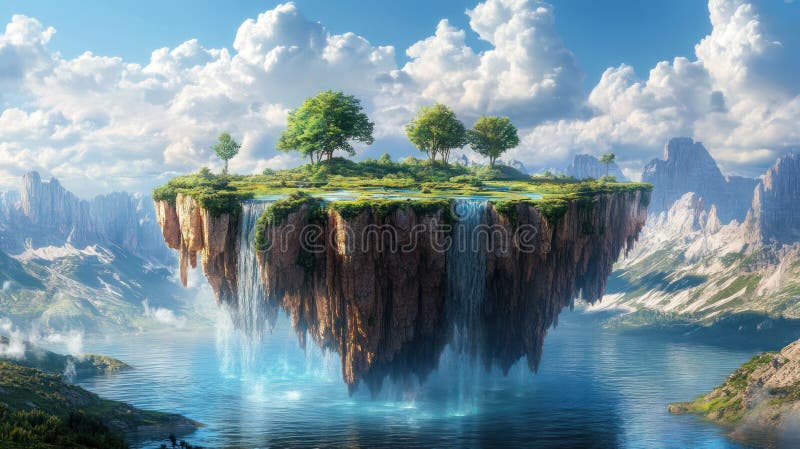 Serene and Surreal Closeup of Floating Islands otoczony przez Lush Vegetand Towering Mountains Idealny dla EcoFri ilustracja wektor