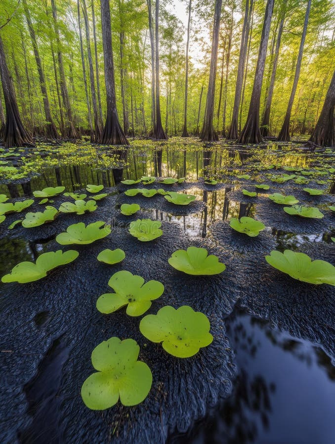 Serene Swamp Пейзаж Tranquil Green Lily Pads Солнечный лес Спокойный вид Деревья Пышные деревья иллюстрация вектора
