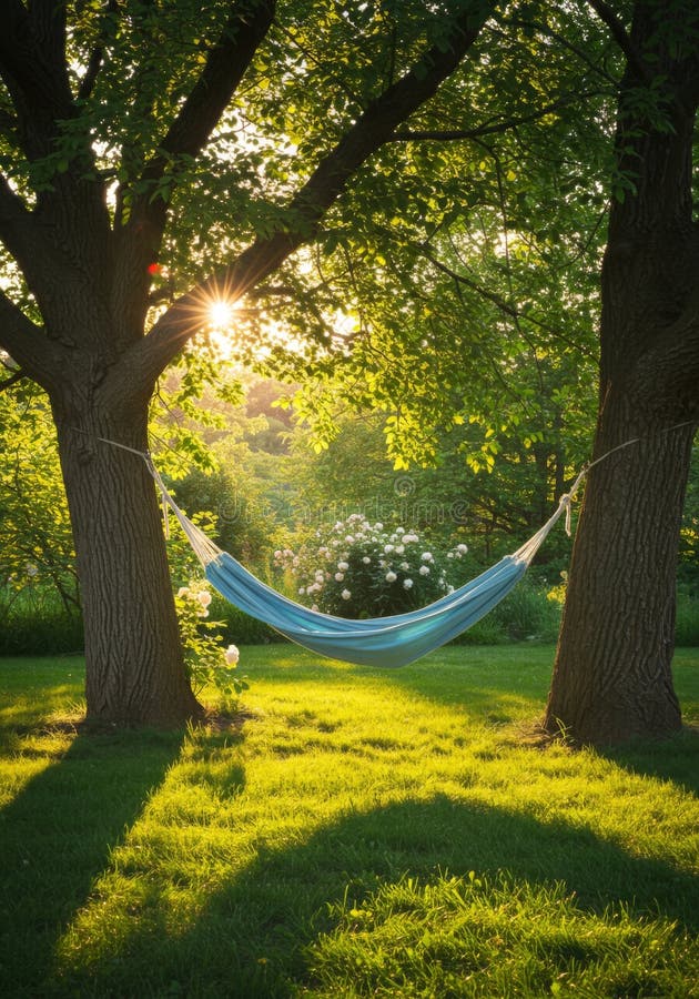 Serene Teal Hammock między drzewami przy zachodzie słońca ilustracja wektor