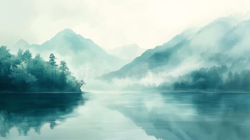 Serene Teal Lake Landscape with Fog ilustracja wektor