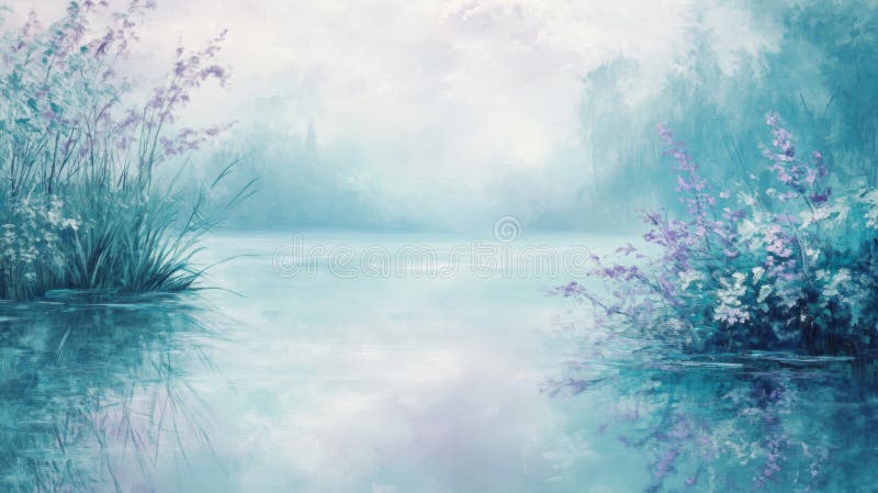 Serene Teal Lake Landscape z fioletowymi roślinami ilustracja wektor