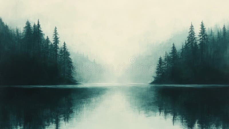 Serene Teal Lake z odbiciem lasu mglistego ilustracja wektor