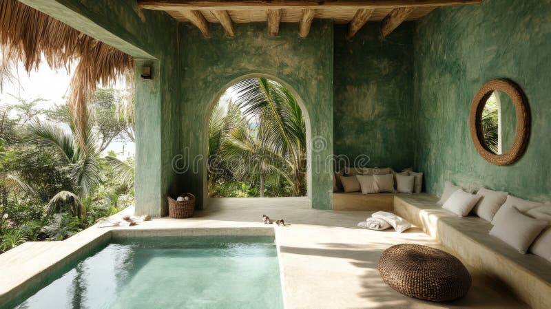 Serene Teal Pool and Lush Tropical Villa Patio ilustracja wektor