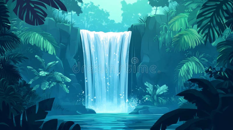 Serene Teal Waterfall in Lush Tropical Jungle ilustracji