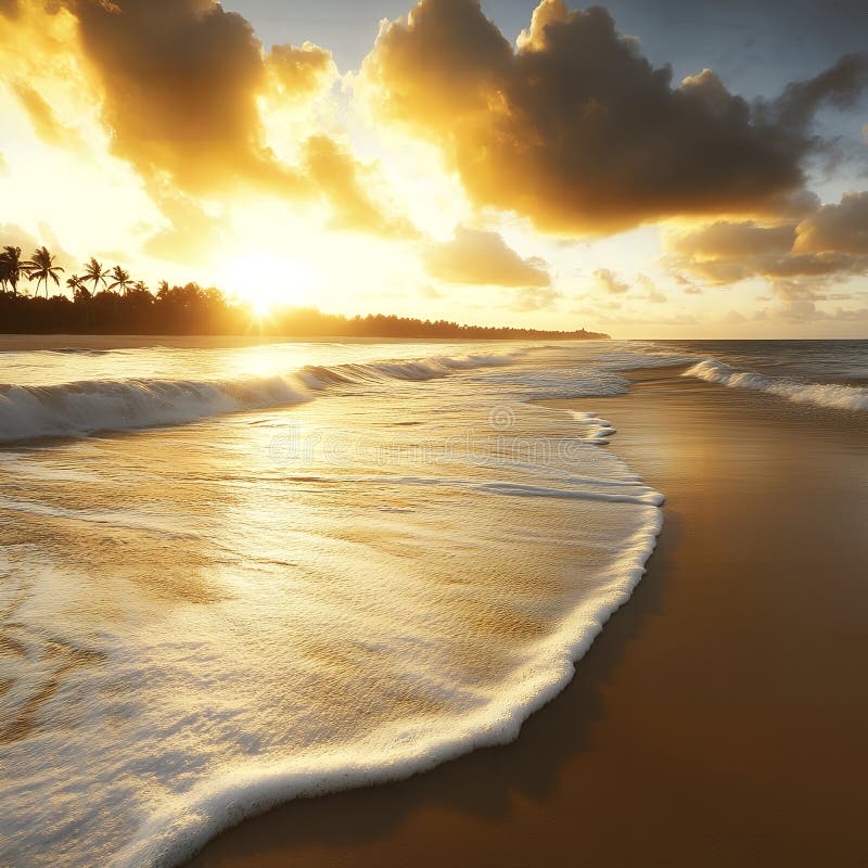 Serene Tropical Beach Sunset Golden Waves Rolling Ashore vektor abbildung