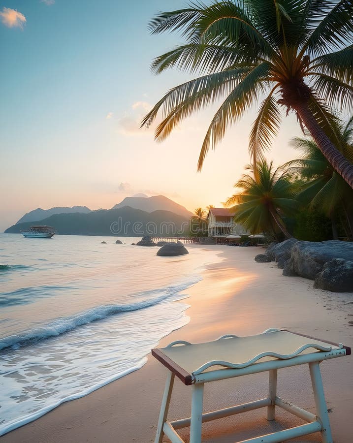 Serene Tropical Beach at Sunset With Palm Trees and Lounge Chairs AI-GENERATED stock photos