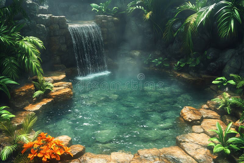 Serene tropical waterfall pool surrounded by lush green foliage and colorful flowers vector illustration