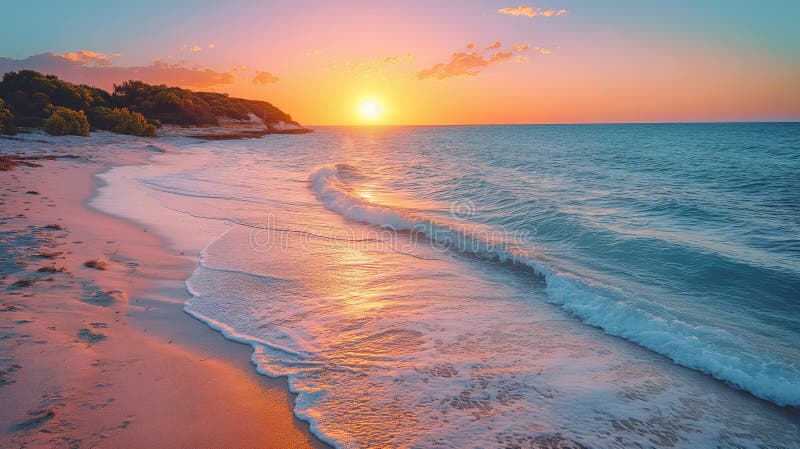 Serene twilight beach : zachodni raj zachodni espersji ilustracja wektor