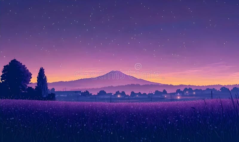 Serene Twilight Ligcape med Starry Sky och Mountain vektor illustrationer