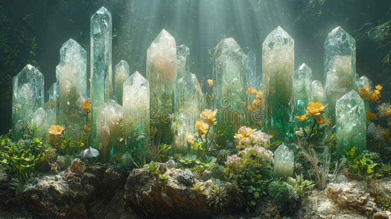 Serene underwater scene featuring crystal formations and vibrant flowers, creating magical garden atmosphere royalty free stock photos