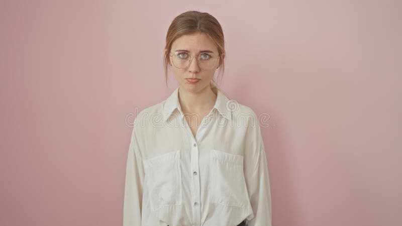 Serene unge caucasian med blondinskt hår och glas som står mot en lätt rosa bakgrund royaltyfri fotografi