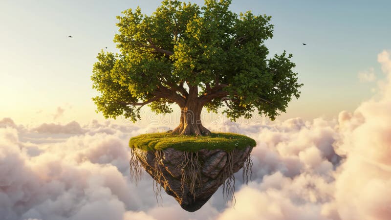 Mystical floating island with a lush tree amidst soft clouds and birds vector illustration