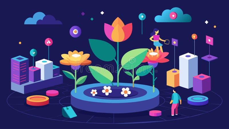 A serene virtual garden where data is represented as blooming flowers and visitors can explore and learn about different stock illustration