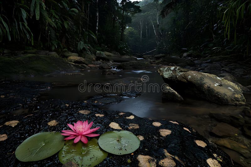 Serene Water Lily i Dark Rainforest Stream stock illustrationer