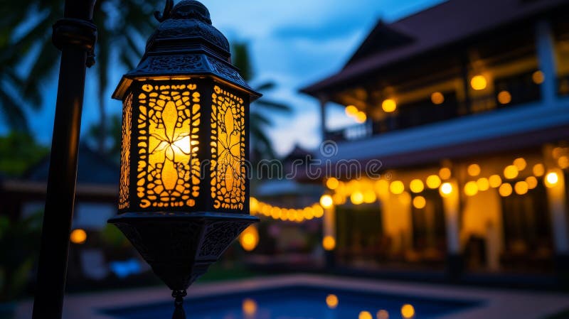 A serene water pool accompanied by floating candles forms a tranquil evening scene stock photo