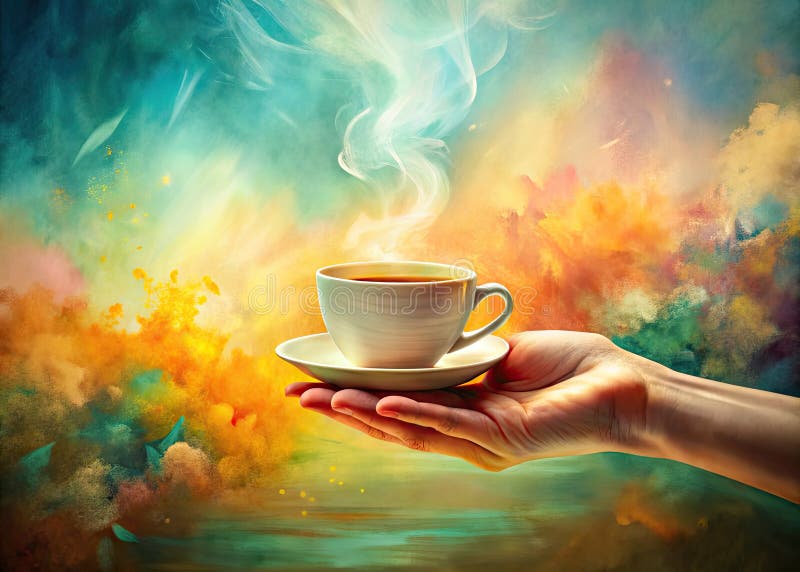 Serene Watercolor Teacup A Panoramic AIGenerated Image of a Hand Holding a Warm Beverage Evoking Tranquility and Calm stock illustration