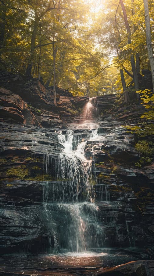 Serene waterfall cascading through lush forest with sunlit canopy. Vertical royalty free stock photo