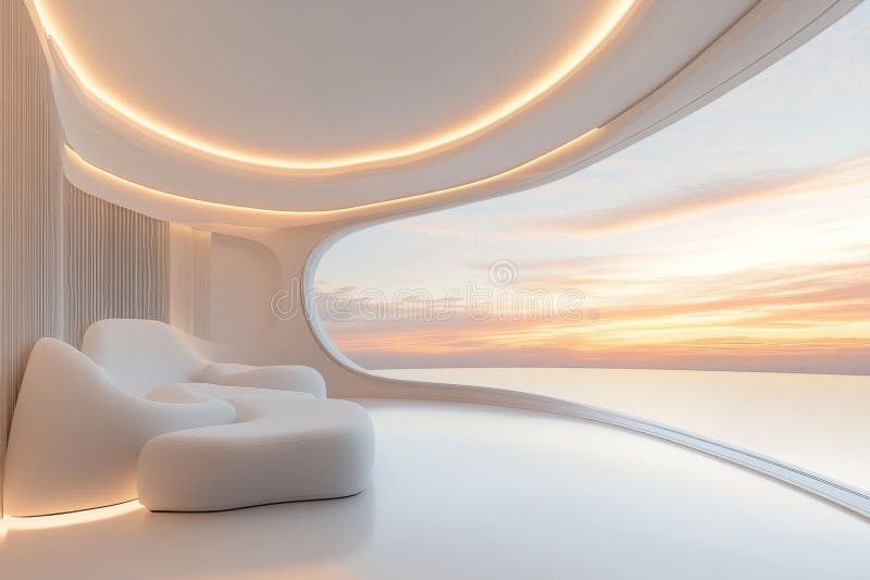 A serene white cave setting features a stunning sunset mirrored in peaceful waters stock image