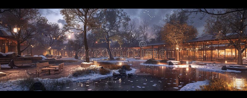 Serene Winter Evening in a Tranquil Park with SnowCovered Trees and Illuminated Pathways royalty free illustration