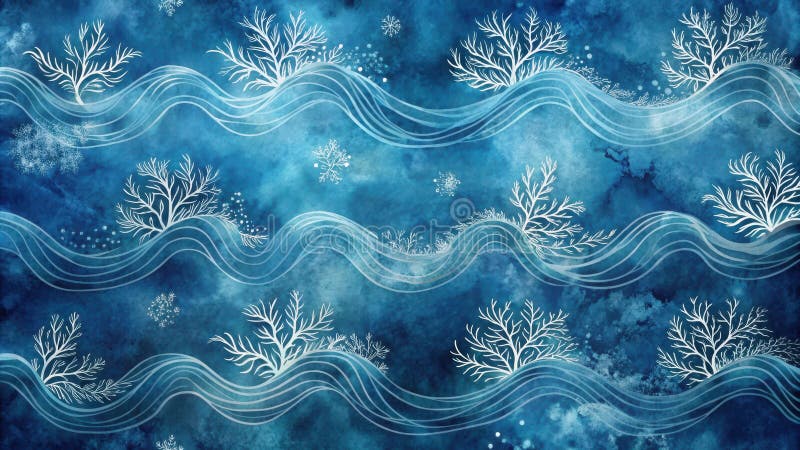 Serene winter landscape with abstract wave patterns and frosty trees. Generative AI stock illustration
