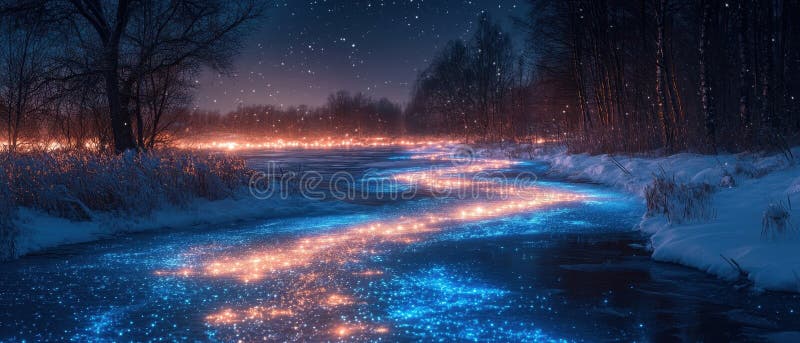 A serene winter river glows with sparkling lights under a starry night sky, creating a magical and tranquil atmosphere Generative AI