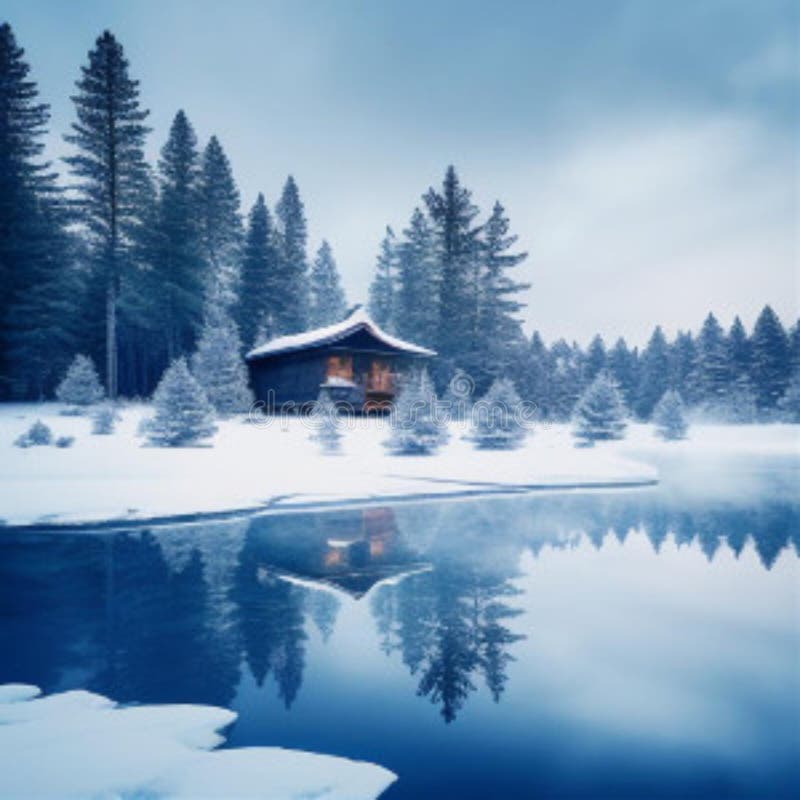 A serene winter scene with a snow-covered cabin, surrounded by tall pine trees