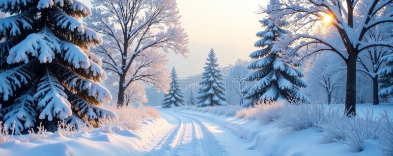 Serene winter scene, softly falling snow blankets frosted trees , subtle, frozen, trees vector illustration