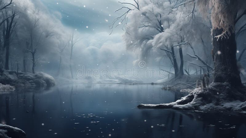 Magical Winter Wonderland with a Frozen Lake and Snow Covered