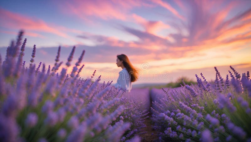 Serene Woman i Lavender Field vid Sunset royaltyfri illustrationer